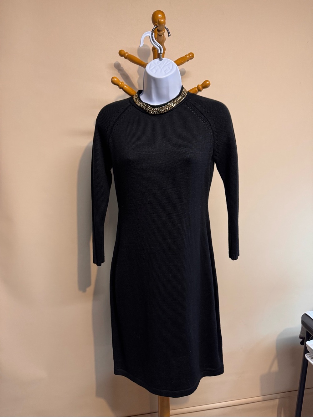 Women’s Black Calvin Klein Sweater Dress with Gold Beaded Collar. Size PS